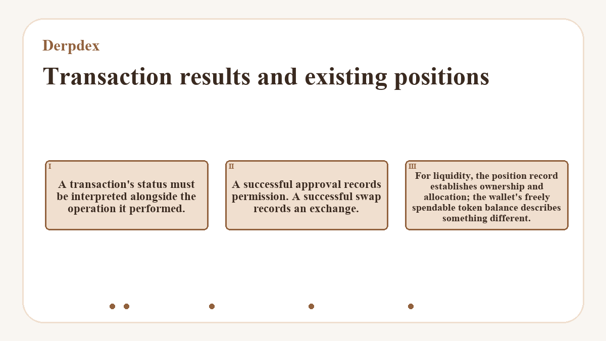 Transaction results and existing positions: A transaction's status must be interpreted alongside the operation it performed.; A successful approval records permission. A successful swap records an exchange.; For liquidity, the position record establishes ownership and allocation; the wallet's freely spendable token balance describes something different.