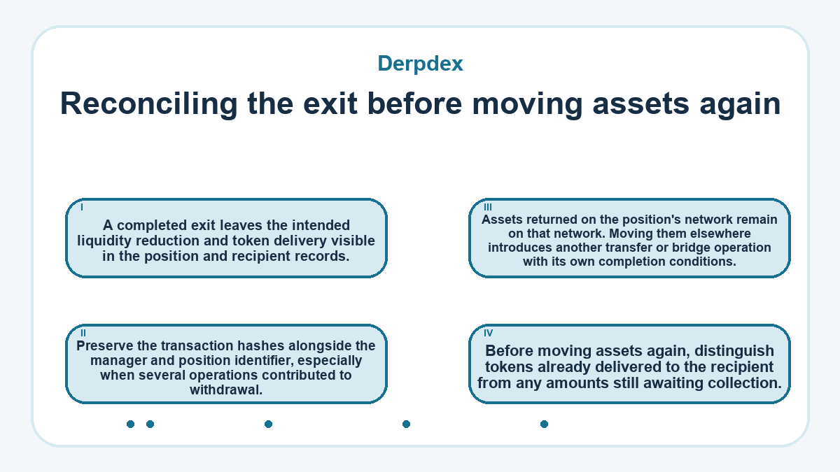 Reconciling the exit before moving assets again: A completed exit leaves the intended liquidity reduction and token delivery visible in the position and recipient records.; Preserve the transaction hashes alongside the manager and position identifier, especially when several operations contributed to withdrawal.; Assets returned on the position's network remain on that network. Moving them elsewhere introduces another transfer or bridge operation with its own completion conditions.; Before moving assets again, distinguish tokens already delivered to the recipient from any amounts still awaiting collection.