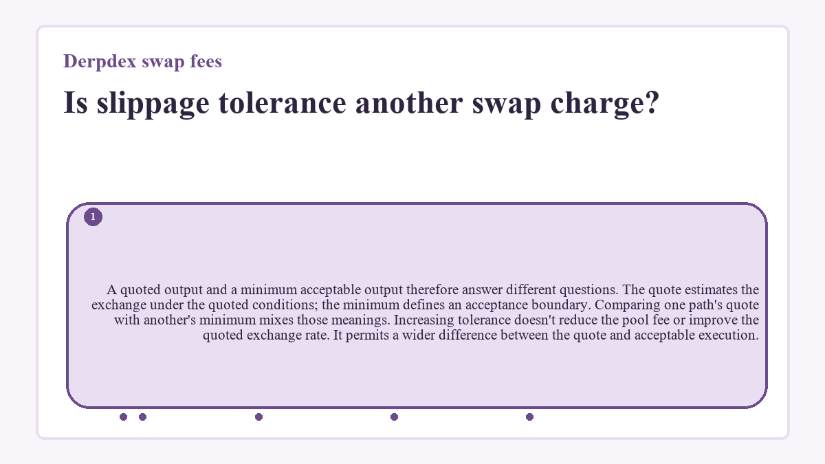 Is slippage tolerance another swap charge?: A quoted output and a minimum acceptable output therefore answer different questions. The quote estimates the exchange under the quoted conditions; the minimum defines an acceptance boundary. Comparing one path's quote with another's minimum mixes those meanings. Increasing tolerance doesn't reduce the pool fee or improve the quoted exchange rate. It permits a wider difference between the quote and acceptable execution.