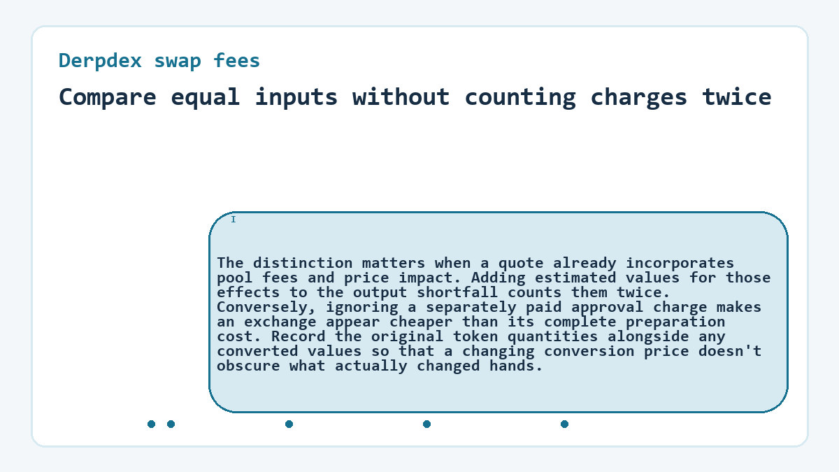 Compare equal inputs without counting charges twice: The distinction matters when a quote already incorporates pool fees and price impact. Adding estimated values for those effects to the output shortfall counts them twice. Conversely, ignoring a separately paid approval charge makes an exchange appear cheaper than its complete preparation cost. Record the original token quantities alongside any converted values so that a changing conversion price doesn't obscure what actually changed hands.